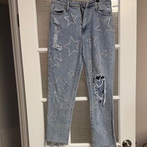 Embellished Light Blue Cropped Jeans